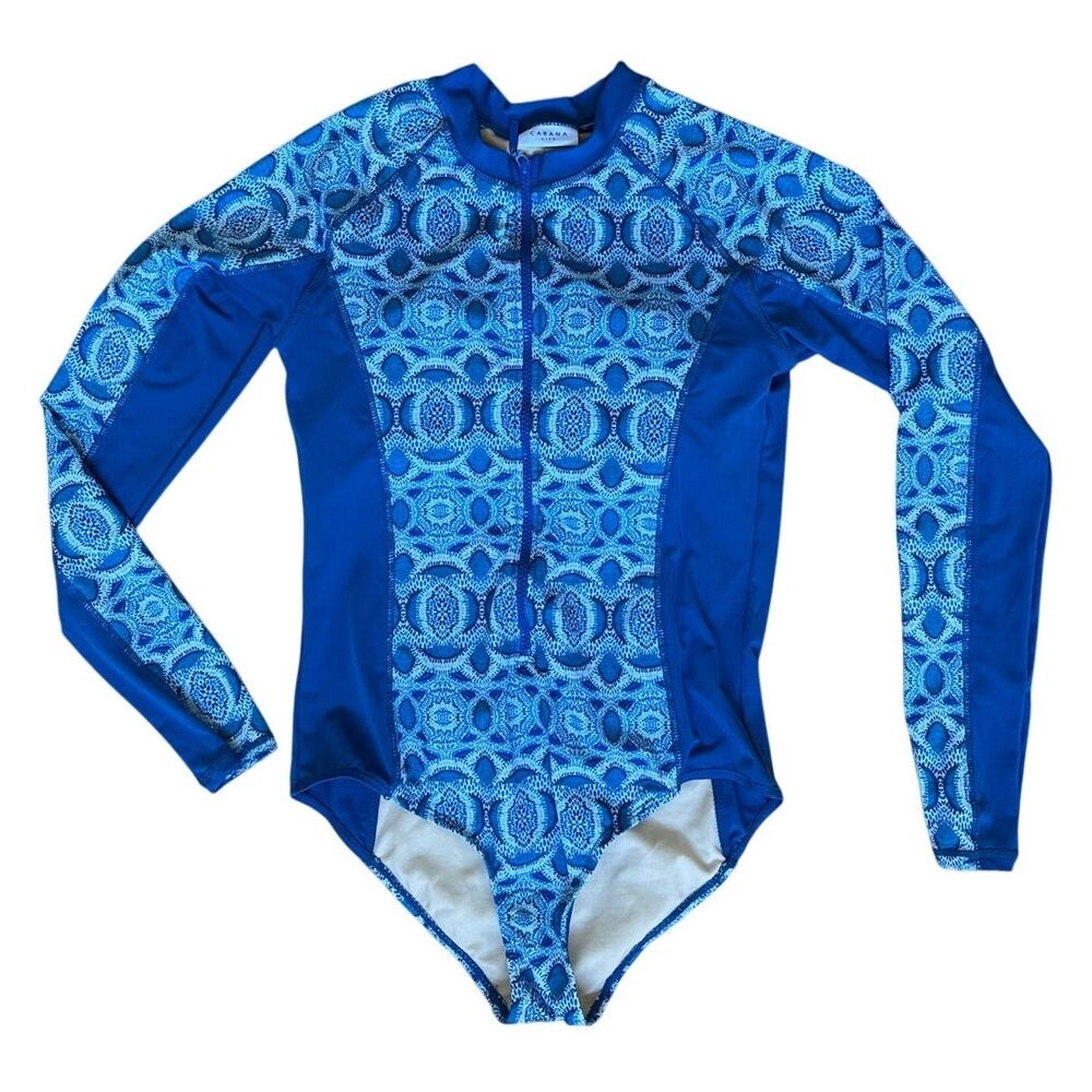 Cabana Life Long-Sleeve Rash Guard Swimsuit in Blue Geometric Print Size Medium